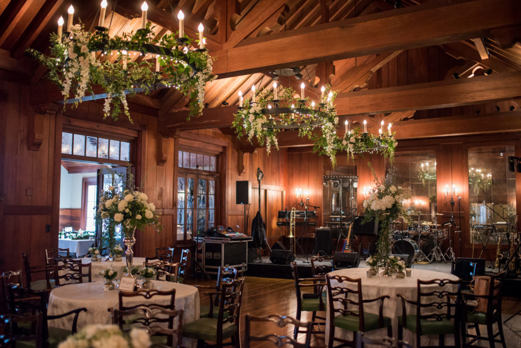 big eddy club wedding, reception details, candle lit ballroom with floral chandeliers