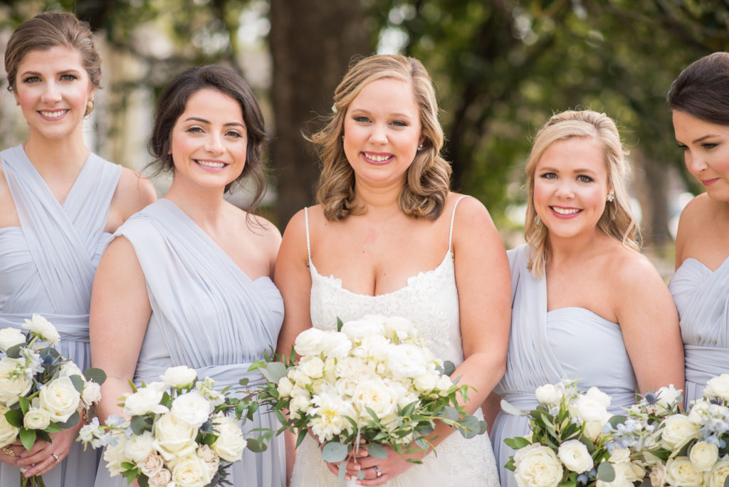 illges house wedding, outdoor spring bridal portrait with bouquet and bridesmaids