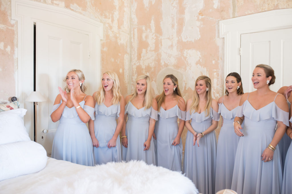 bride and bridesmaids getting ready at illges house in columbus, ga - bridesmaids seeing bride for the first time