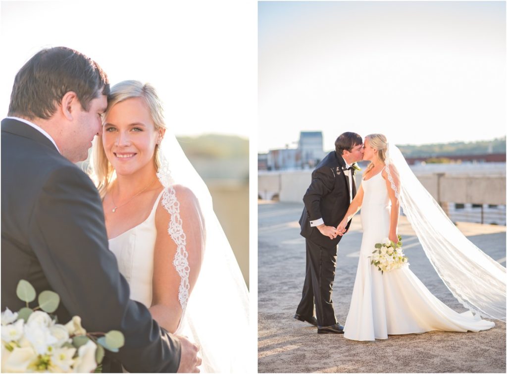 bride and groom on top of parking garage in columbus, ga at sunset by eliza morrill photography