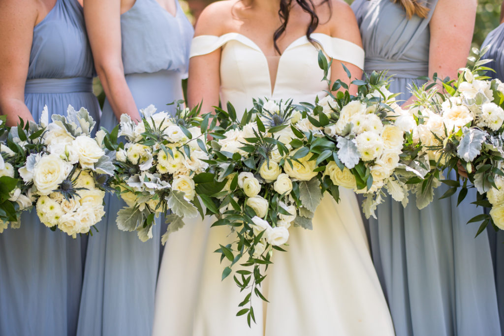 uga chapel wedding in athens, bride and bridesmaid bouquets with white and green flowers