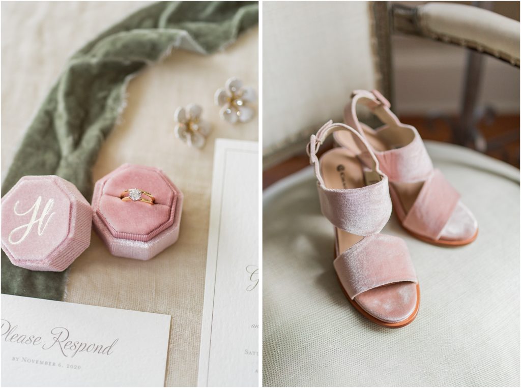 Illges House Wedding
elegant wedding details and invitation suite with blush and sage
pink velvet bridal shoes