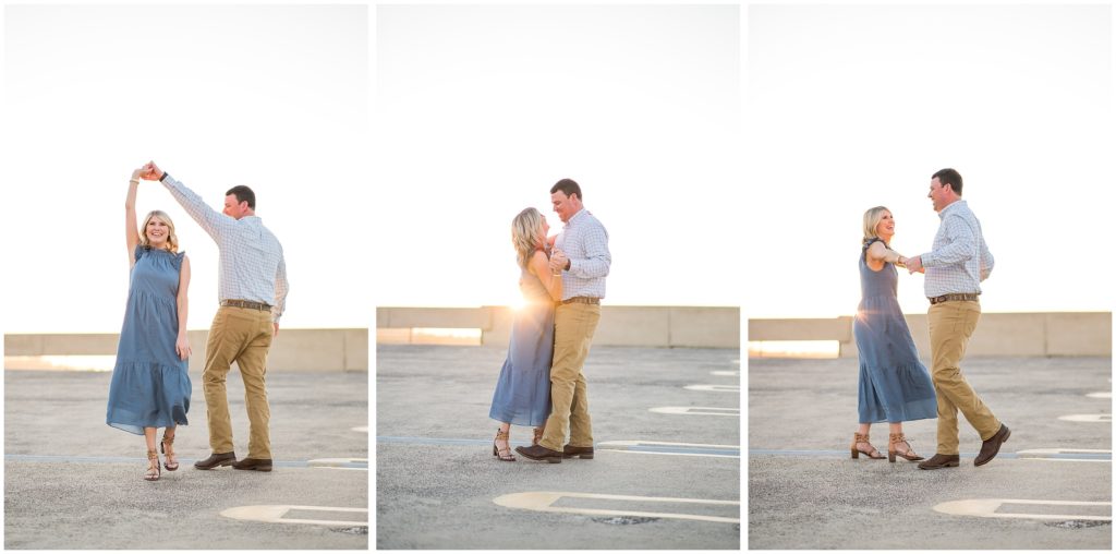 Columbus, Ga Engagement Photographer - Couple dancing on top of rooftop at sunset