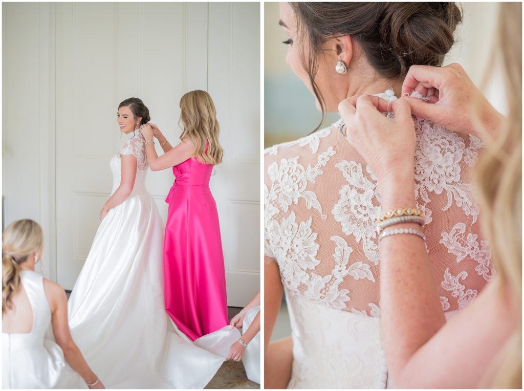 big eddy club wedding, luxury wedding photographer, mom buttons bride into lace dress