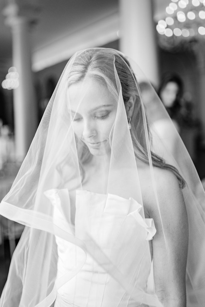 piedmont driving club wedding, bride in veil with black and white