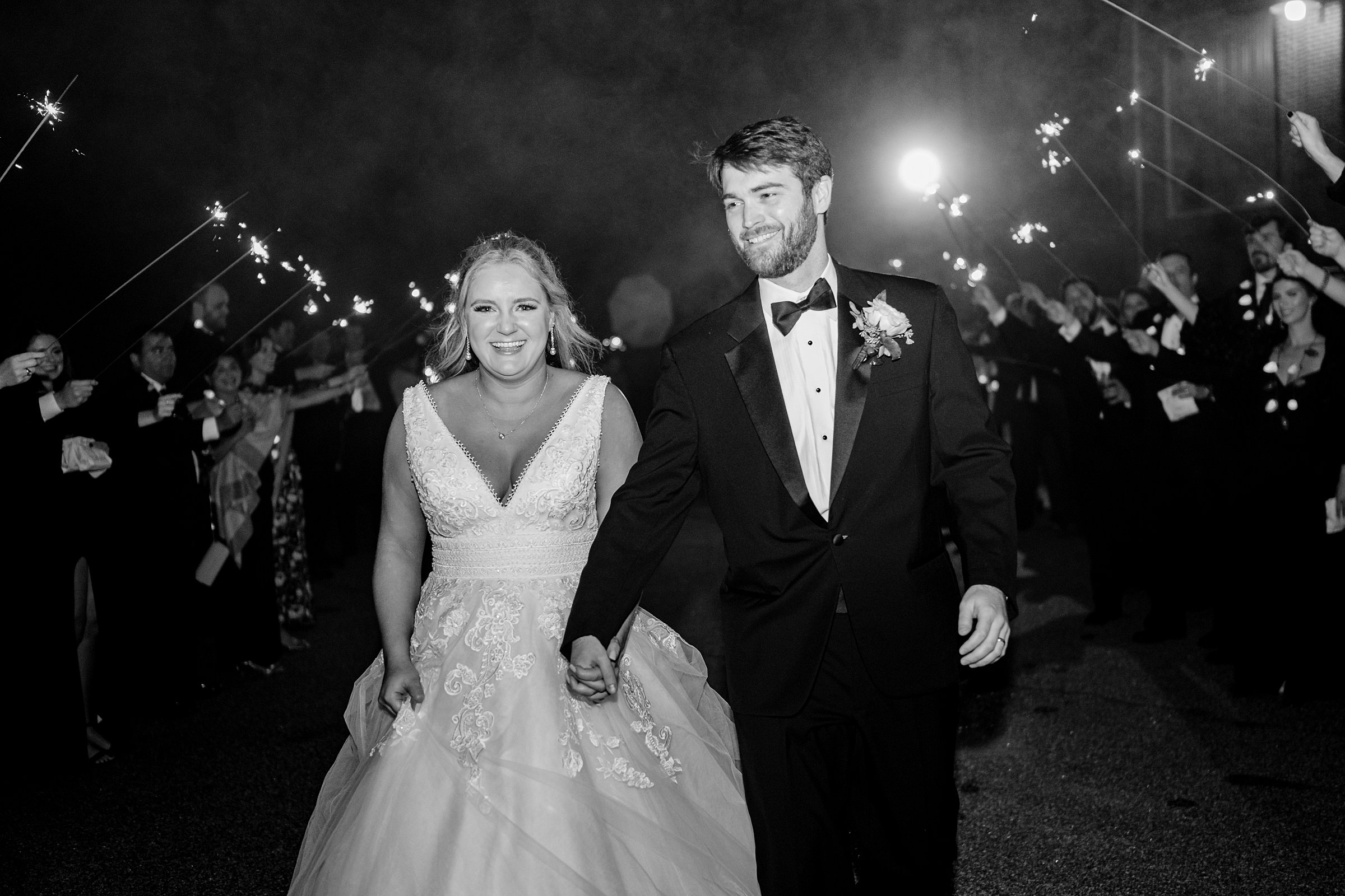 Columbus, Ga wedding at the Bibb Mill - sparkler exit black and white photo
